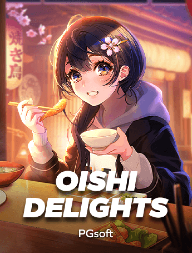 Capa do jogo Oishi Delights, com uma variedade de pratos deliciosos e símbolos de fortuna.