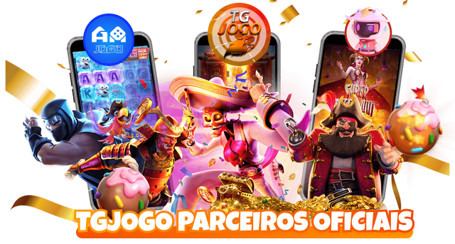 Imagem de slots da PGSoft com as logos dos parceiros oficiais TGJOGO, AAJOGO, SSSBET, SSSGAME e SSSJOGO, acompanhada do texto "TGJOGO PARCEIROS OFICIAIS"